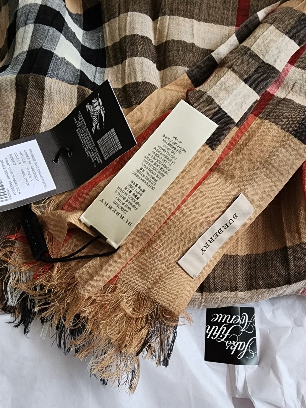 NWT Burberry Giant Camel Check Gauze Virgin Wool + Silk Scarf